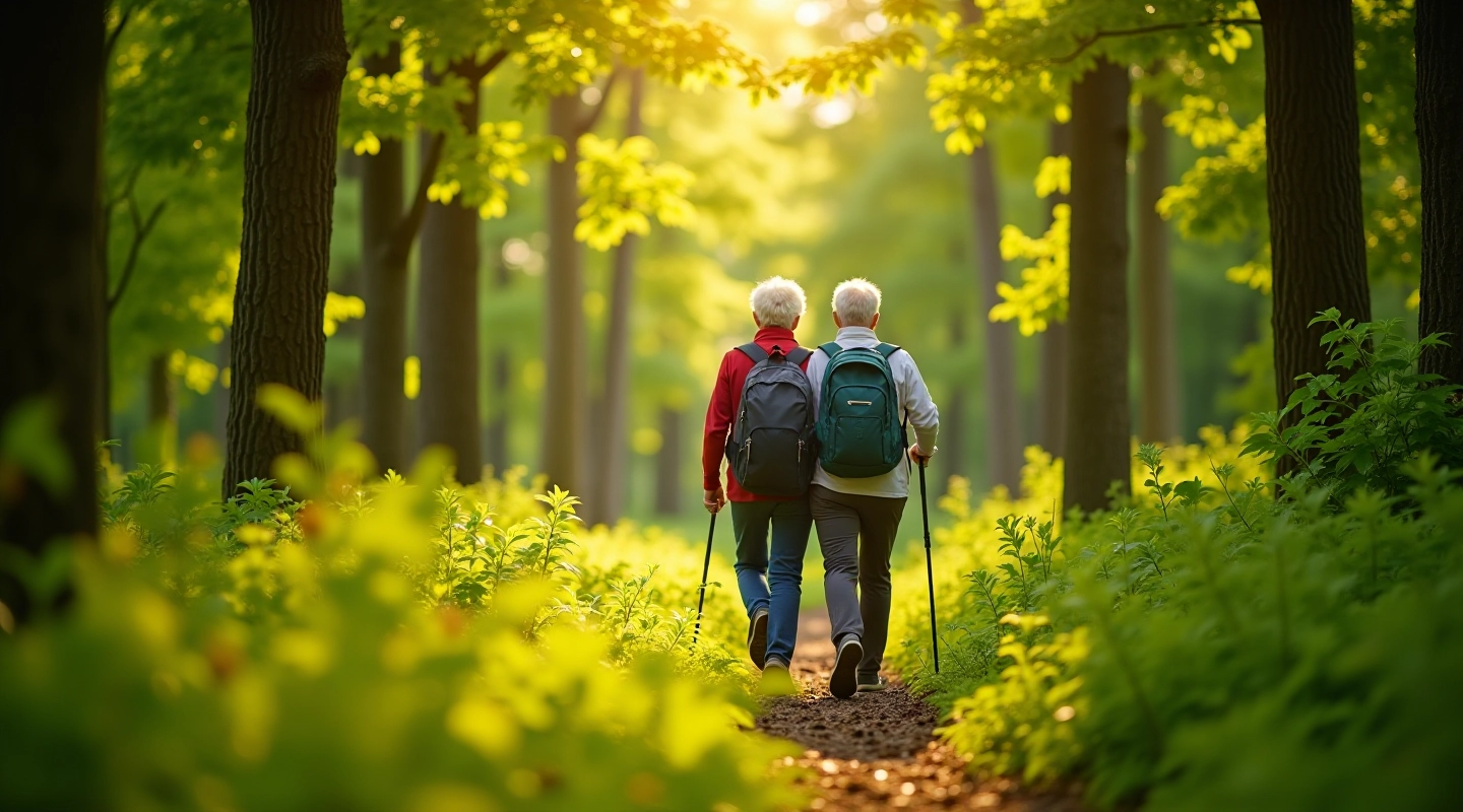 Seniori mežā, bagotnībā dabas pastaigā, zaļa un mierīga vide